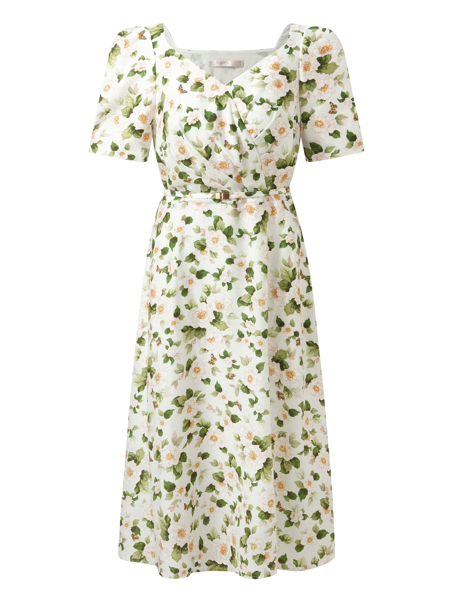 Acetate Blend Floral Print Women V-Neck Midi Dress With Belt