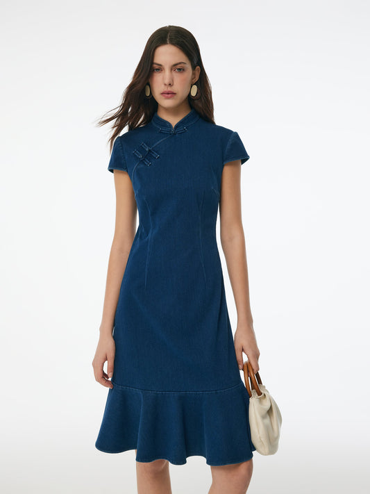 Denim Ruffle Hem Women Stretchy Knit Qipao Mini Dress