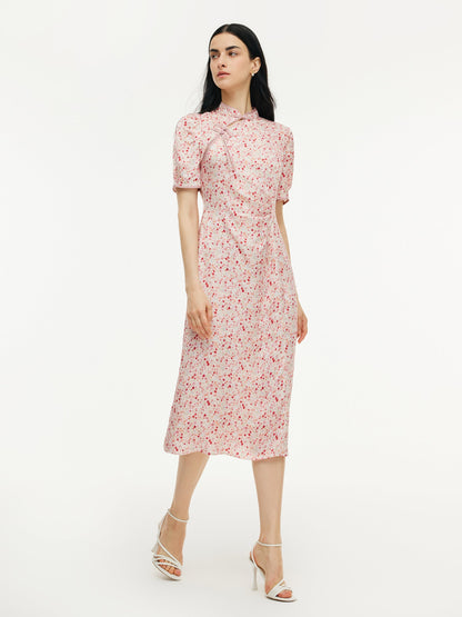 Floral Print Side Twist Women Qipao Midi Dress