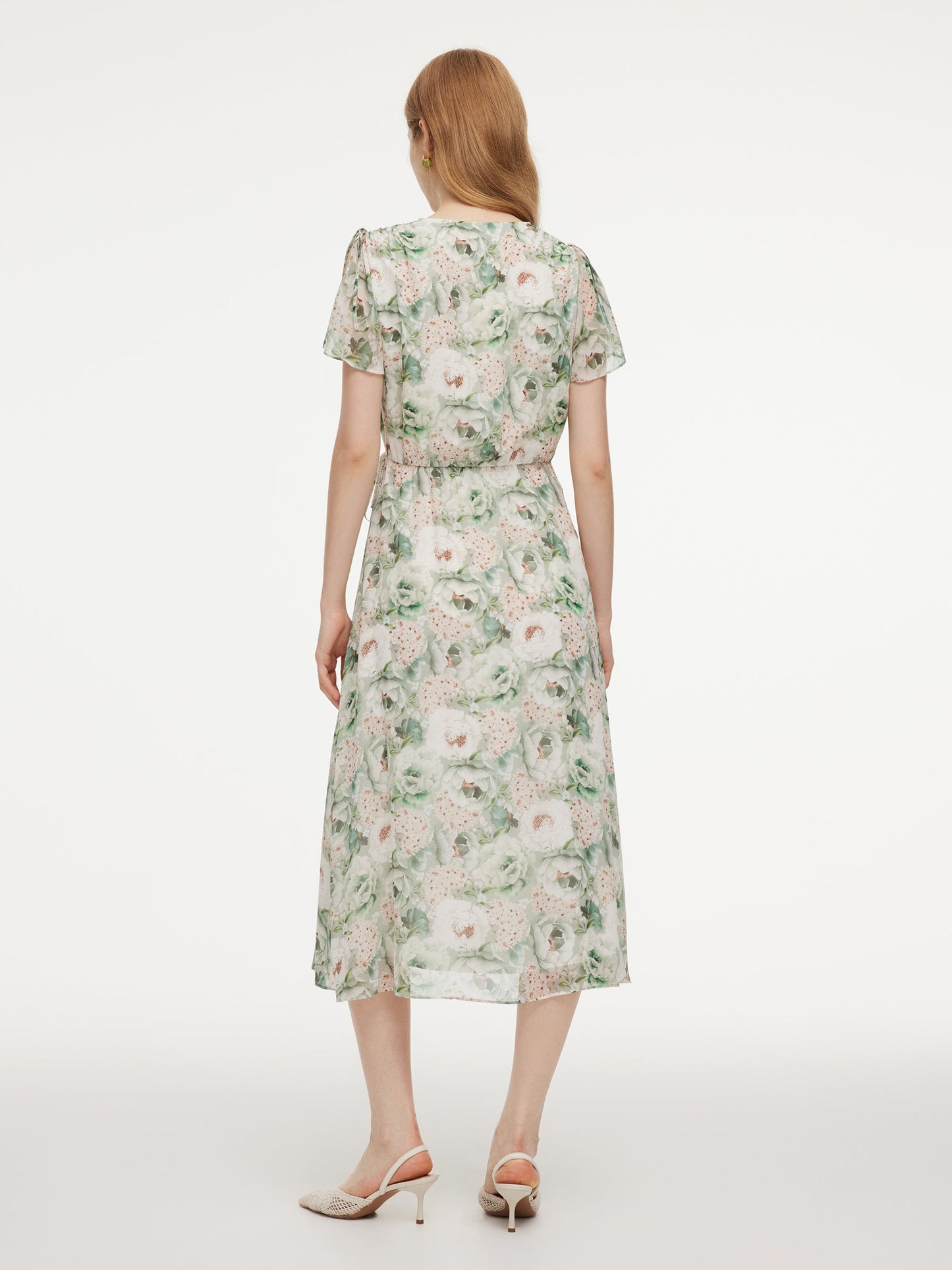 10MM Mulberry Silk Floral Print Ruffled Sleeve Women Wrap Maxi Dress