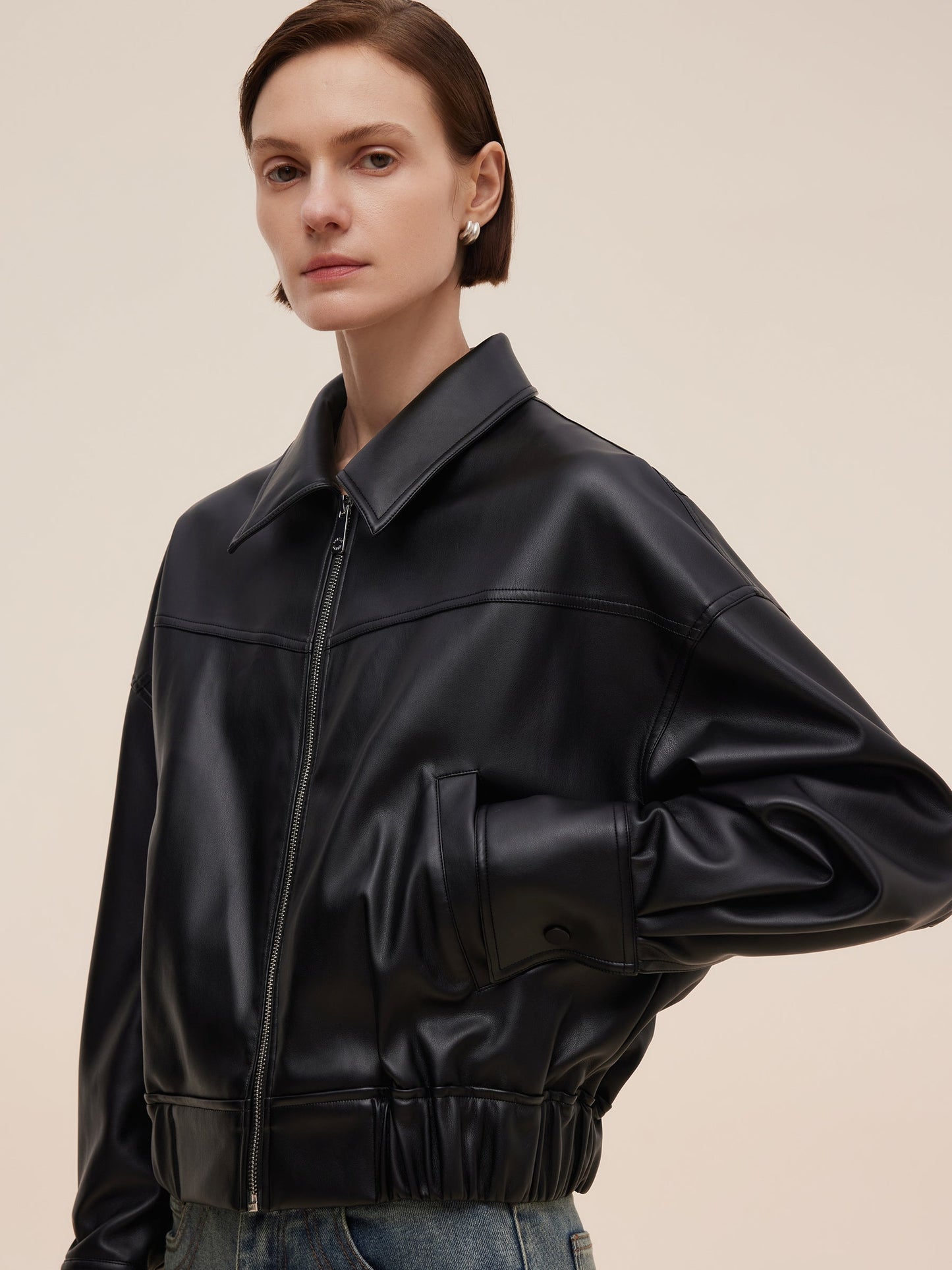 PU Leather Zip-Up Women Jacket