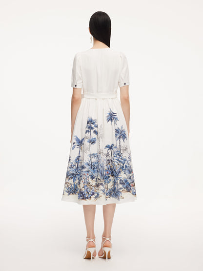 Tencel Linen Floral Print Women V-Neck Midi Dress With Self-Tie Belt