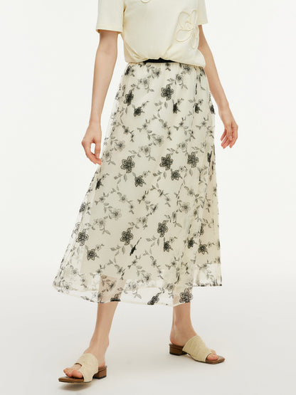 Floral Embroidered Women Elastic Waist Mesh Skirt