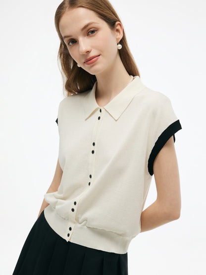 Tencel Blend Color Block Women Polo Short Sleeve Cardigan
