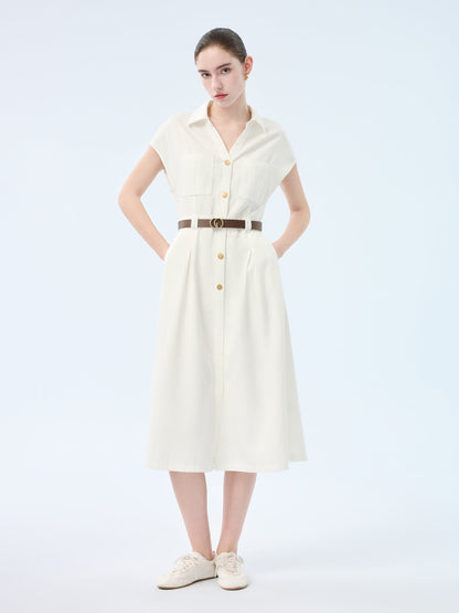 Lyocell Cotton Blend Denim Women V-Neck Maxi Shirt Dress With Belt