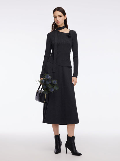 Asymmetrical Hem Knit Scarf Top And A-Line Skirt Two-Piece Set With Detachable Flower