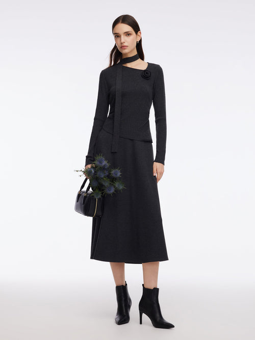 Asymmetrical Hem Knit Scarf Top And A-Line Skirt Two-Piece Set With Detachable Flower
