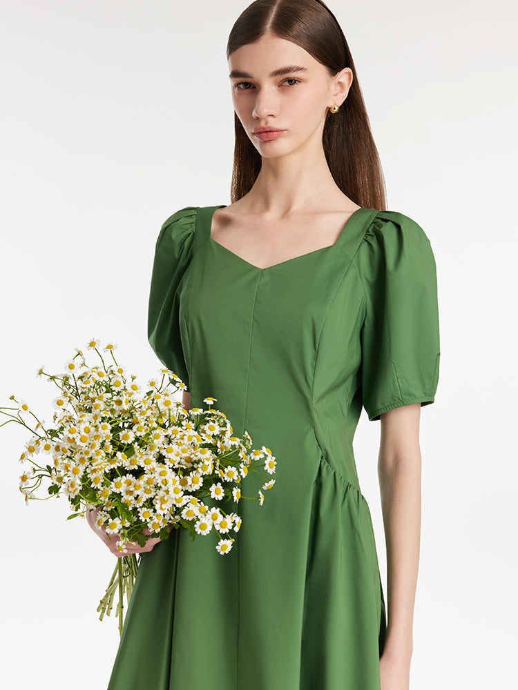 Square Neck Puff Sleeves Women Midi Dress