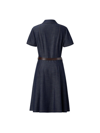 [Preview] Gather-Waisted Women Shirt Midi Dress With Leather Belt