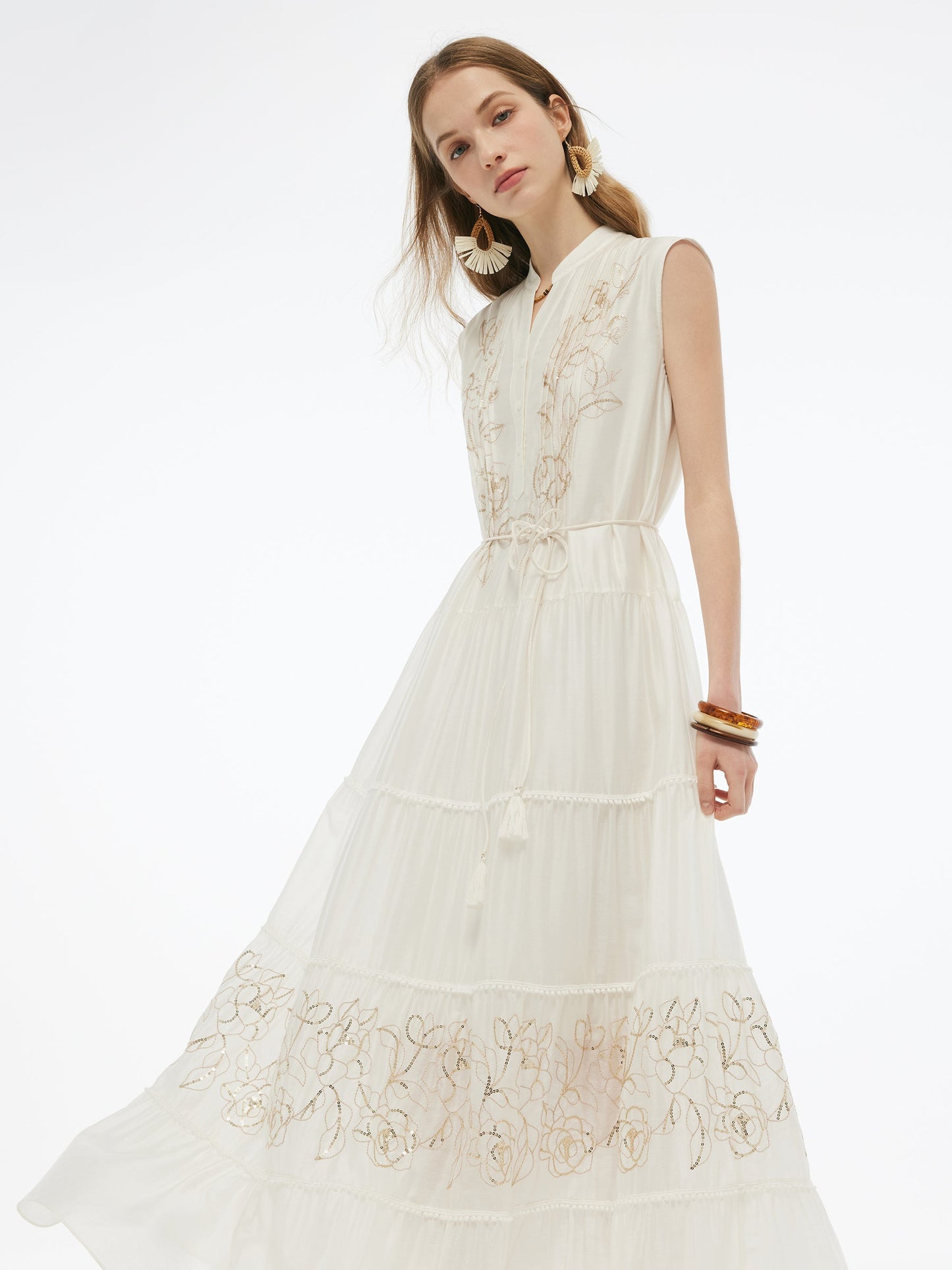 Tencel Blend Embroidered Women Maxi Vest Dress With Tie String Belt