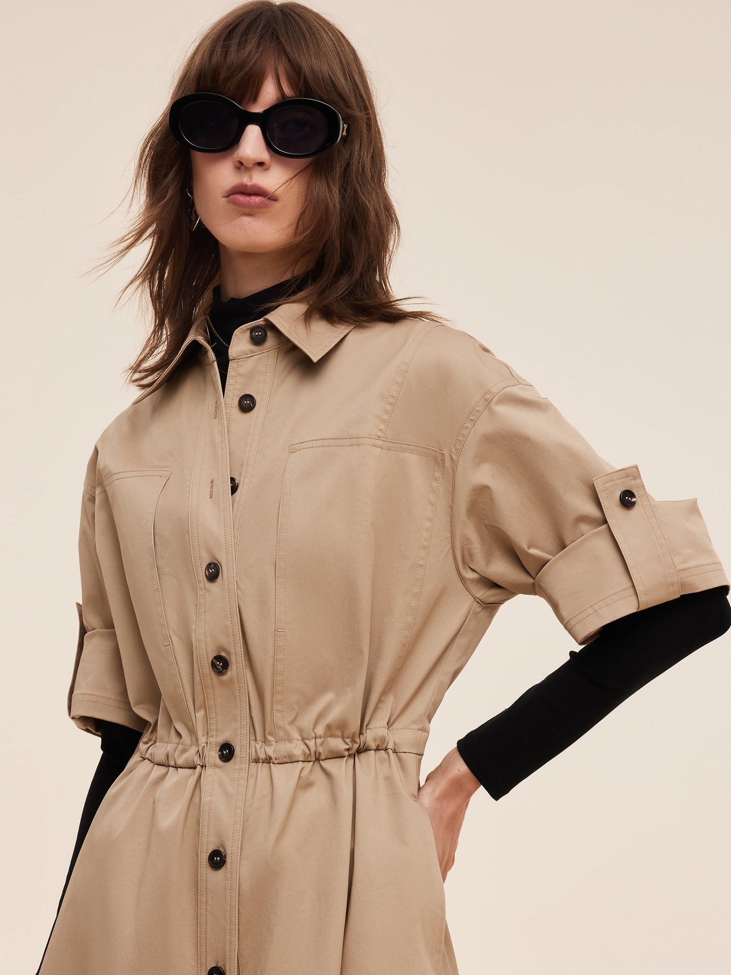Cotton Drawstring Waist Women Trench Coat