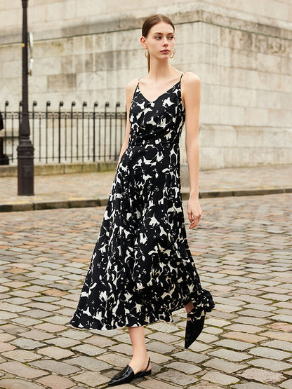 19 Momme Mulberry Silk Iris Print Women Maxi Spaghetti Strap Dress With Scrunchie