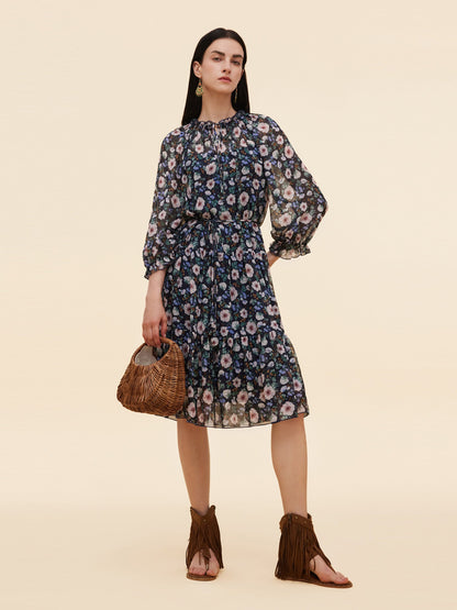 10MM Mulberry Silk Floral Print Women Ruffle Collar Midi Dress