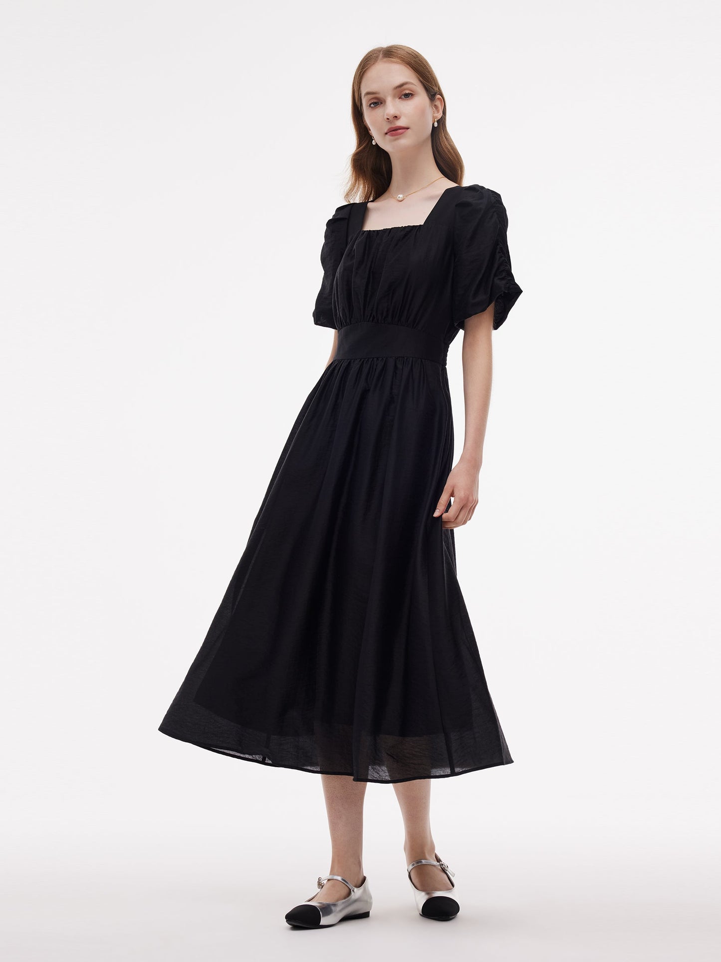 Tencel Blend Square Neck Women Puff Sleeve Maxi Dress