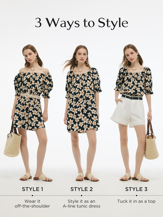 Cotton Floral Print Convertible Neckline Women Tunic Top