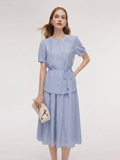Acetate Blend Blouse And A-Line Skirt Belted Two-Piece Set