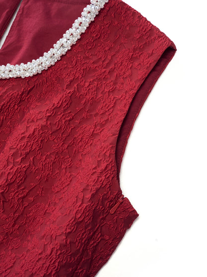 Jacquard Beaded Round Neck Women Sleeveless Mini Dress