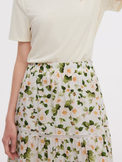 Acetate Blend Floral Print Women Tiered Skirt