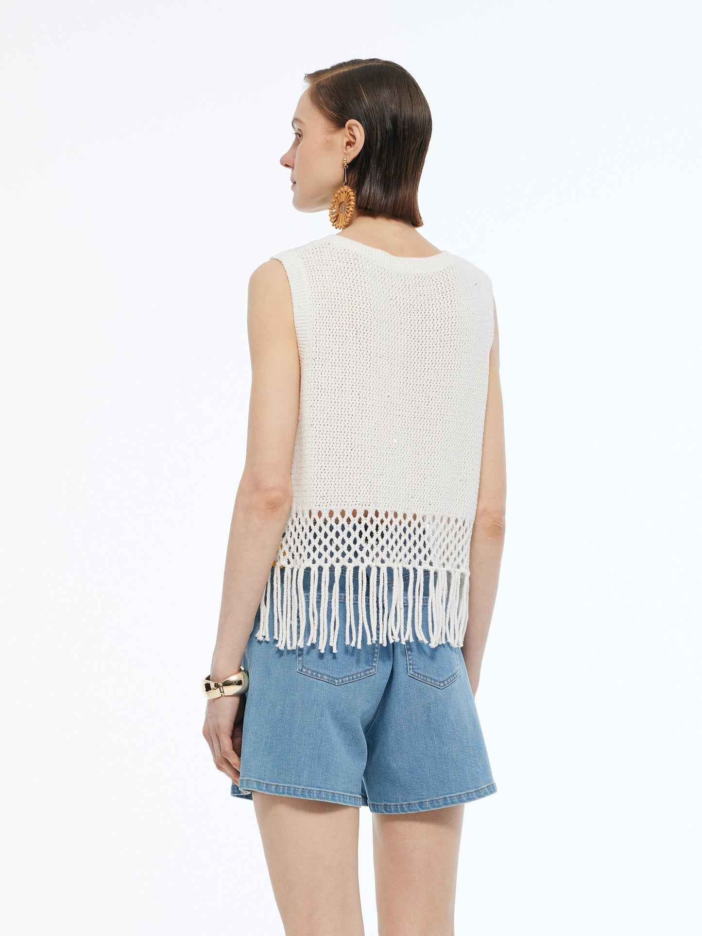 Sequins Tassel Hem Women Openwork Knit Tank Top