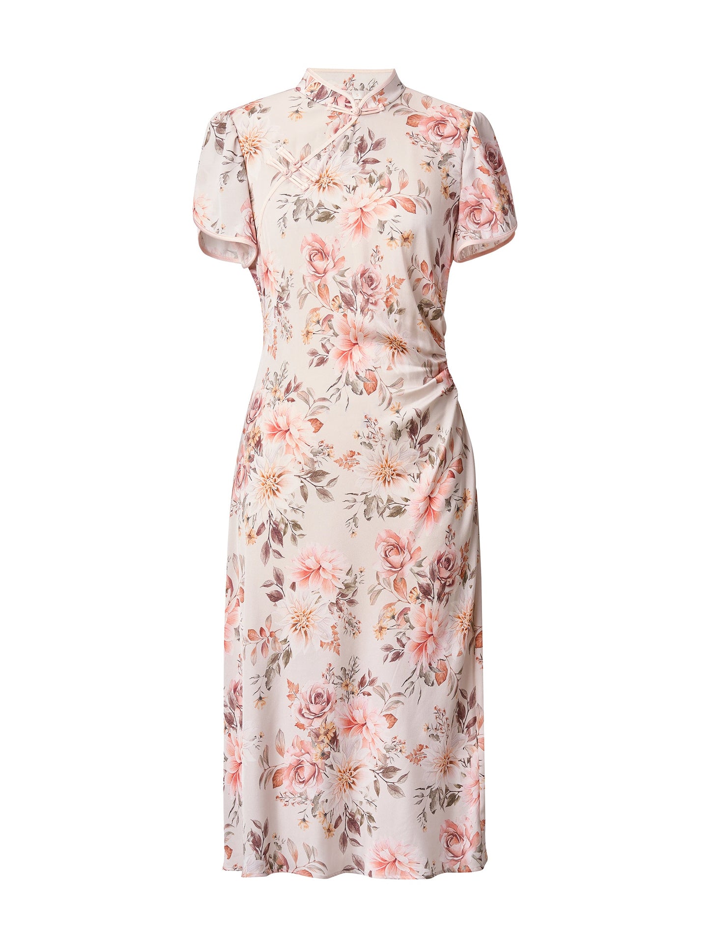 19MM Mulberry Silk Floral Print Women Qipao Midi Dress