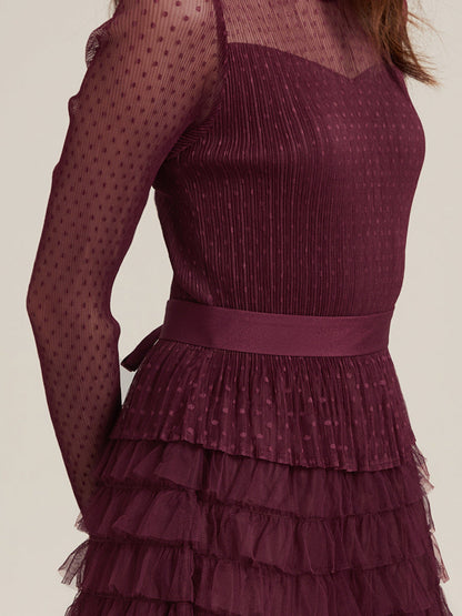 Pleated Tiered Sheer Sleeve Cake Midi Dress