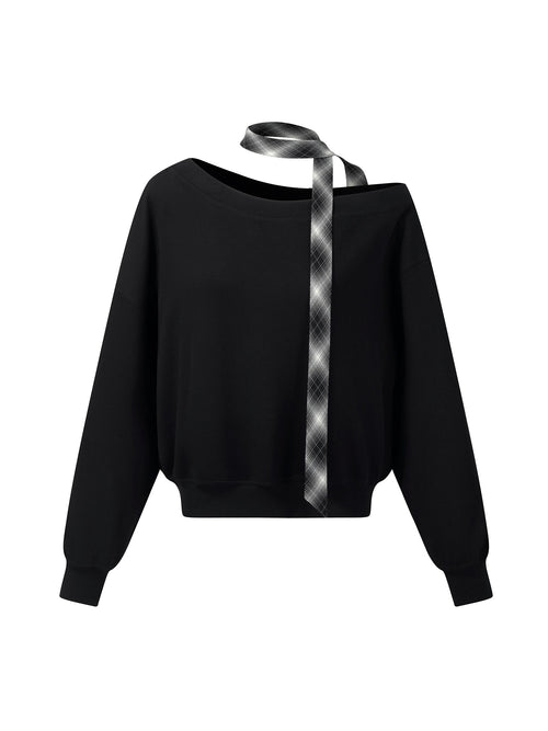 [Preview] Cotton Scuba One-Shoulder Women Sweatshirt With Plaid Ribbon