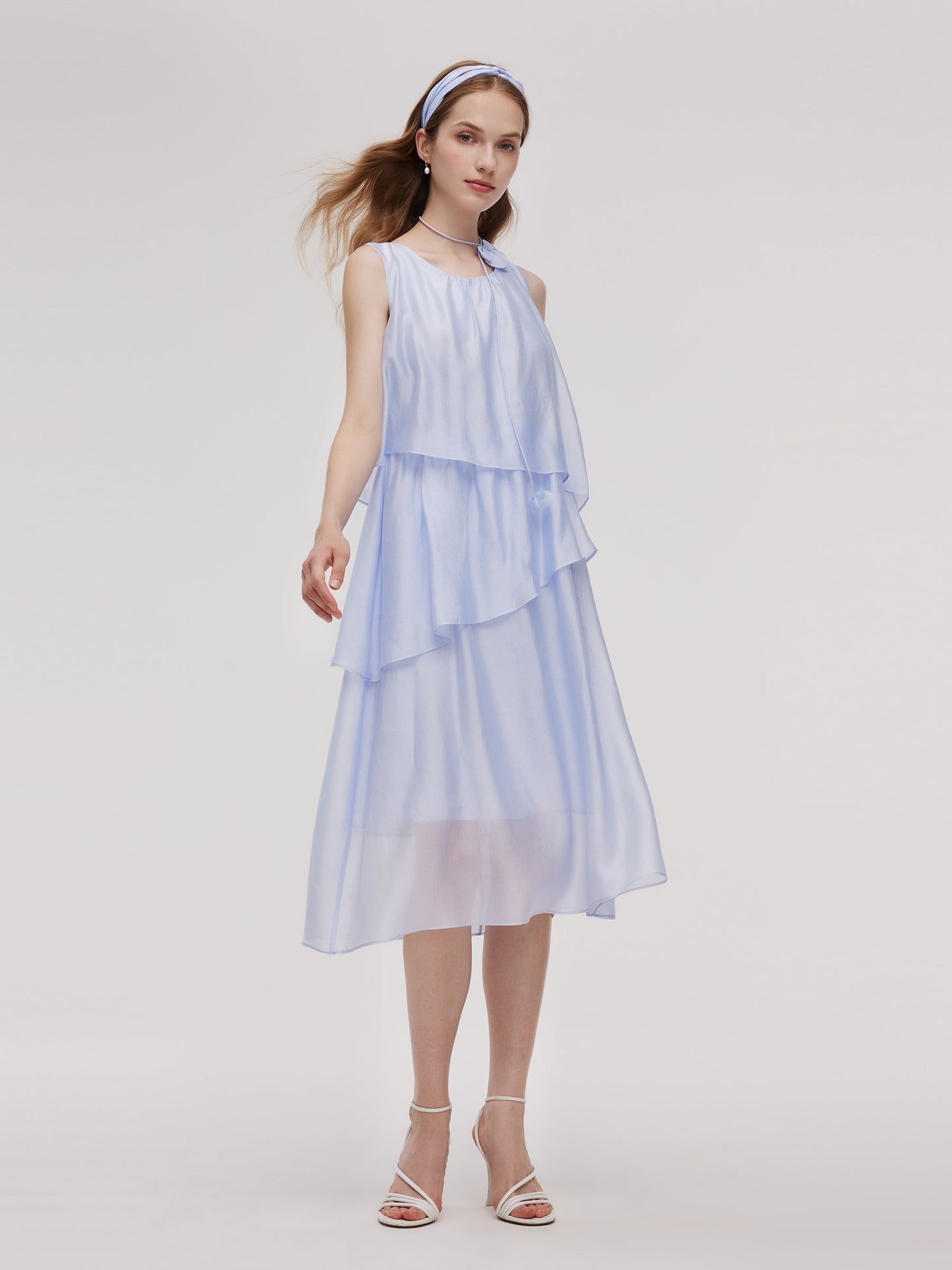 Ruffle Women Tiered Vest Midi Dress With Hairband And Bowknot Choker