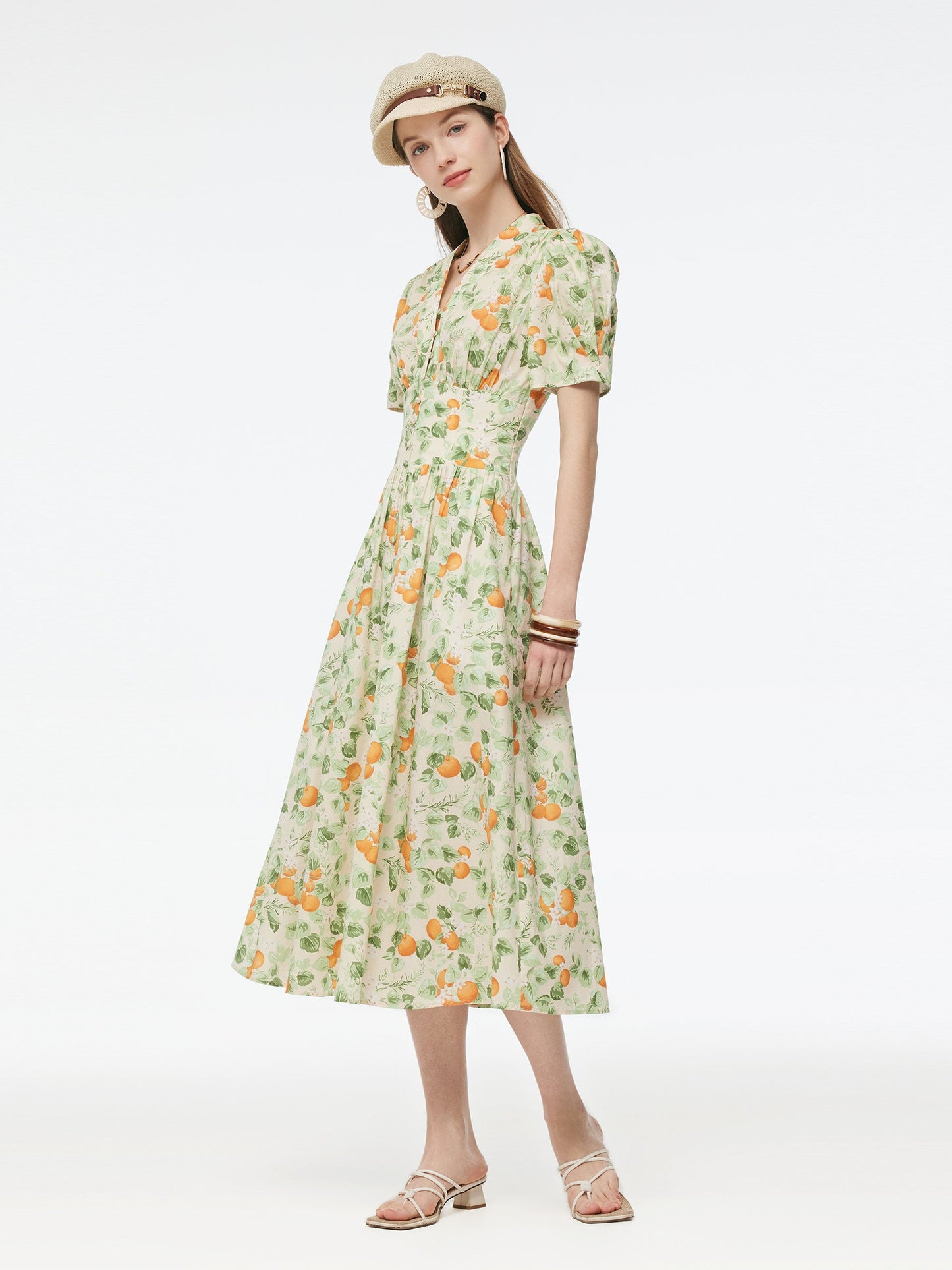 Cotton Gathered Waist Floral Print Women Maxi Dress