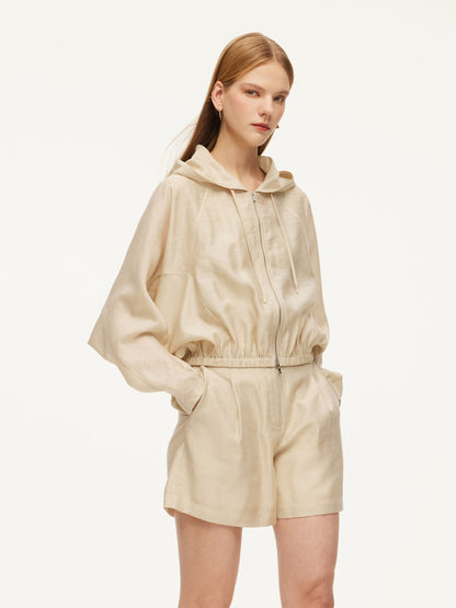 Tencel Acetate Linen Blend Women Zip-Up Hooded Cropped Jacket