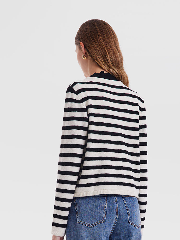 Button Up Woolen Striped Lady Cardigan