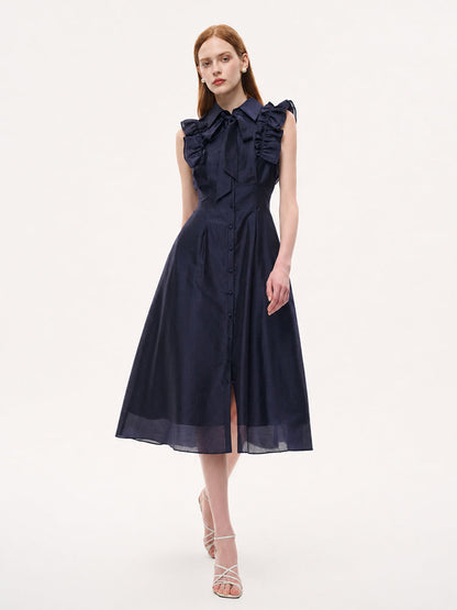 Lyocell Blend Ruffle Women Maxi Dress With Ribbon