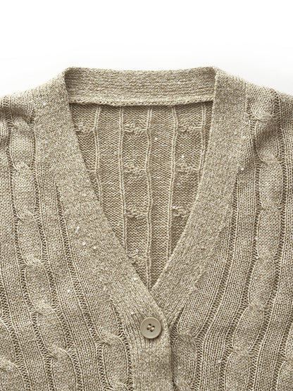 Linen Sequins Openwork Women Knit Cardigan