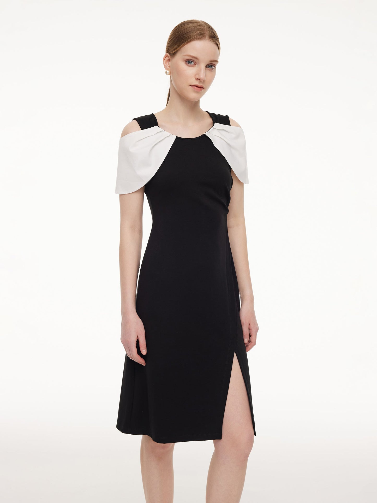 Pre-Order Color Block Cold Shoulder Women Patchwork Side Slit Knit Midi Dress