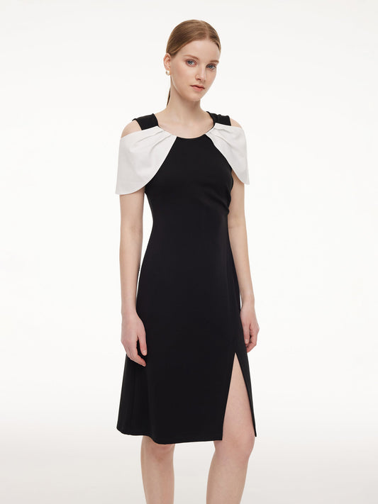 Pre-Order Color Block Cold Shoulder Women Patchwork Side Slit Knit Midi Dress