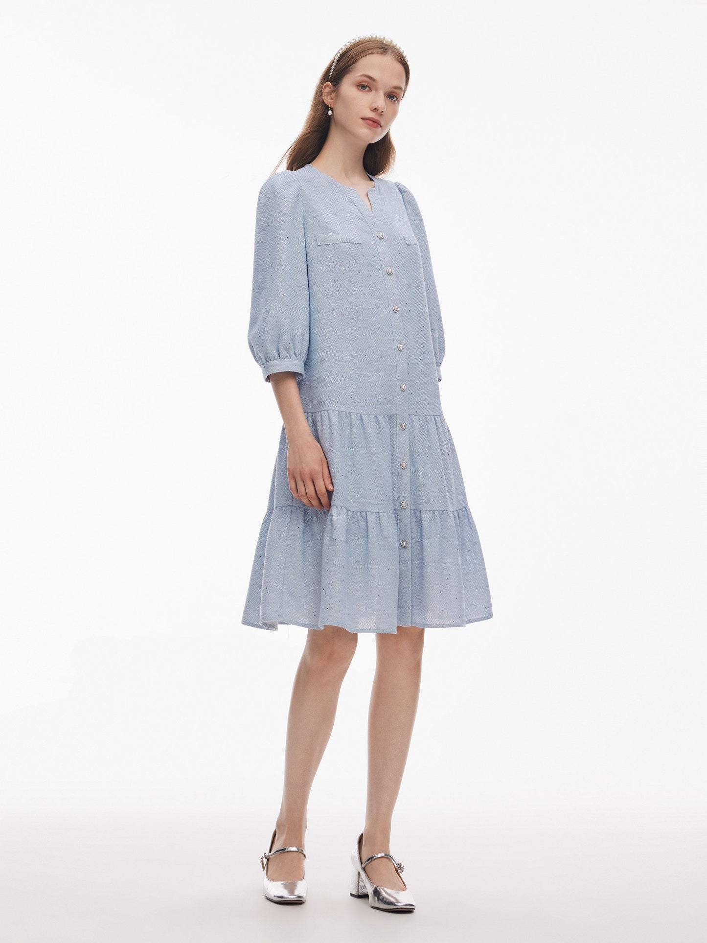 Acetate Blend Tweed Sequins Women Midi Dress With Belt