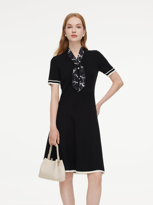 Lyocell Blend Women Knit Midi Dress With Detachable Silky Scarf