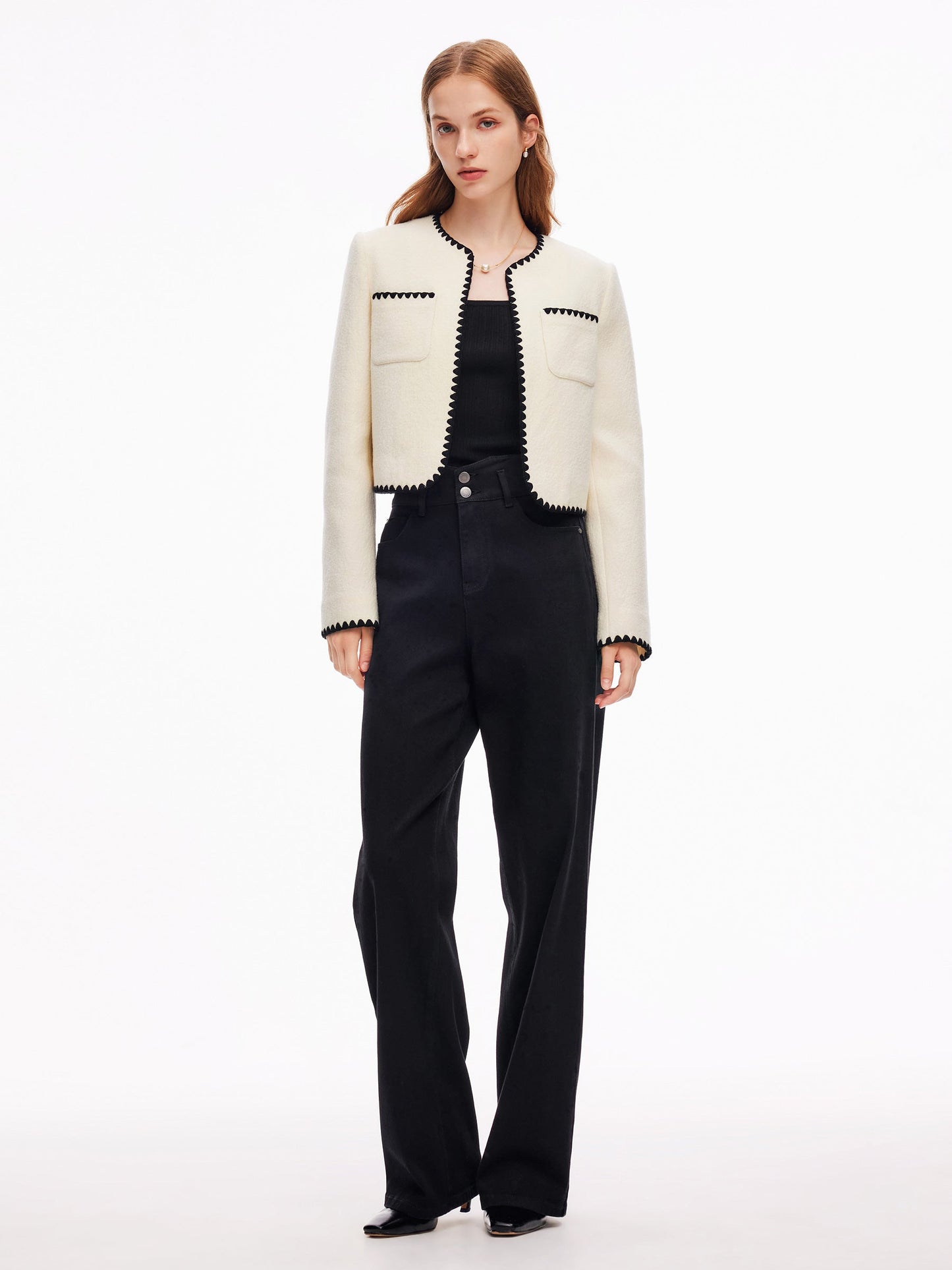 100% Wool Contrast Trim Women Crop Jacket