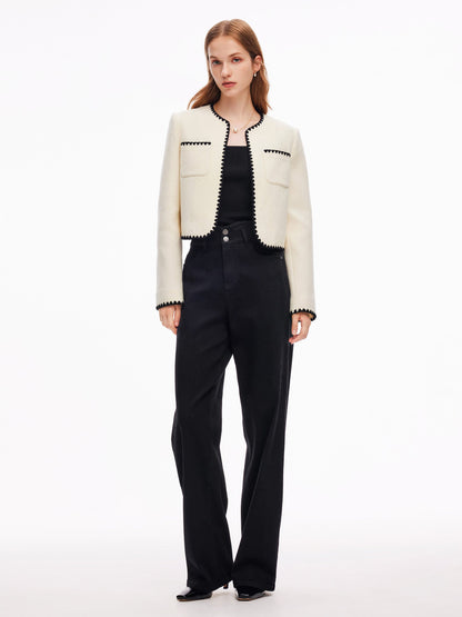 100% Wool Contrast Trim Women Crop Jacket