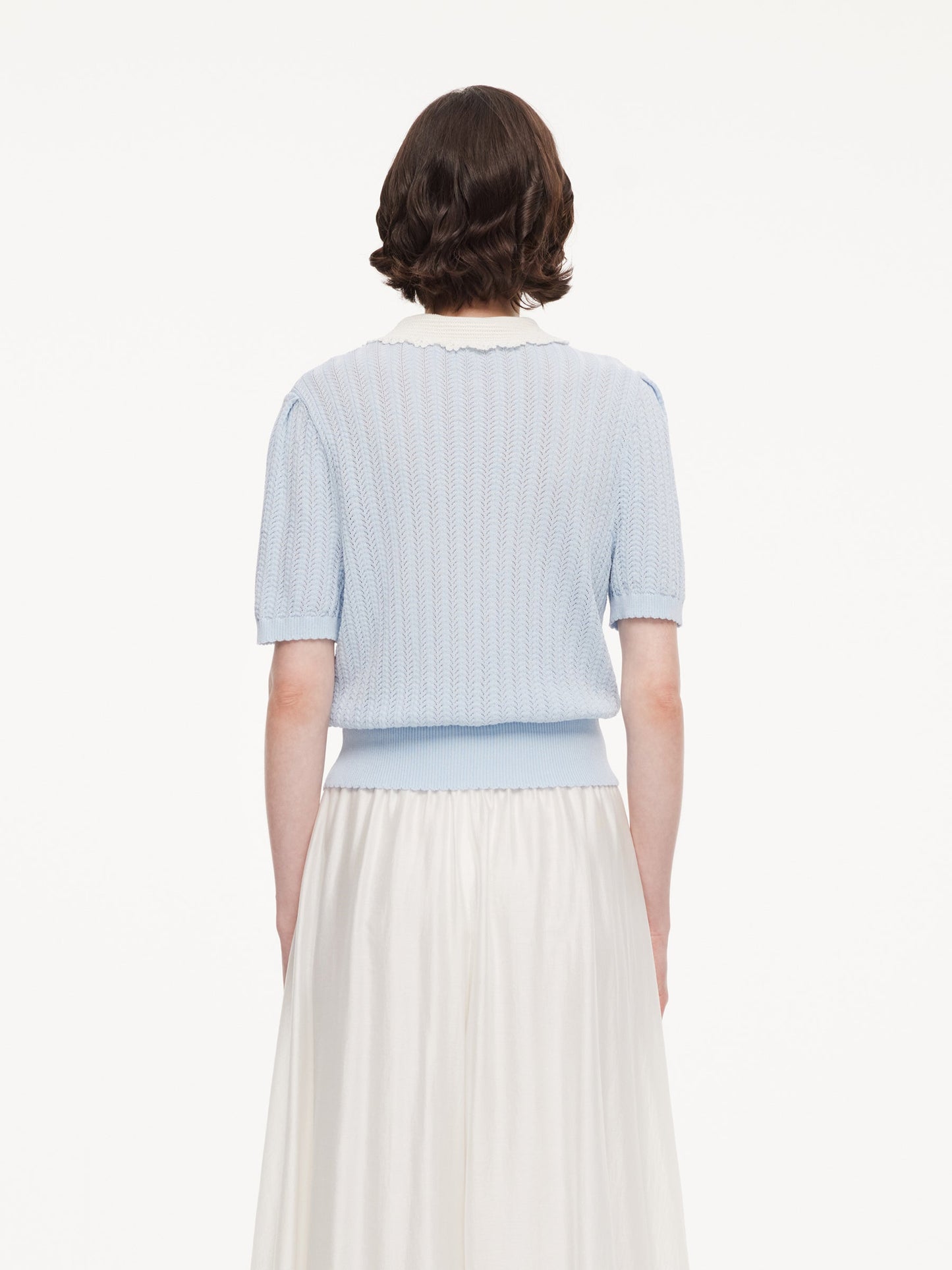 Tencel Blend Color Block Tie Front Women Openwork Knit Top