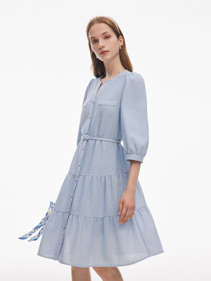Acetate Blend Tweed Sequins Women Midi Dress With Belt