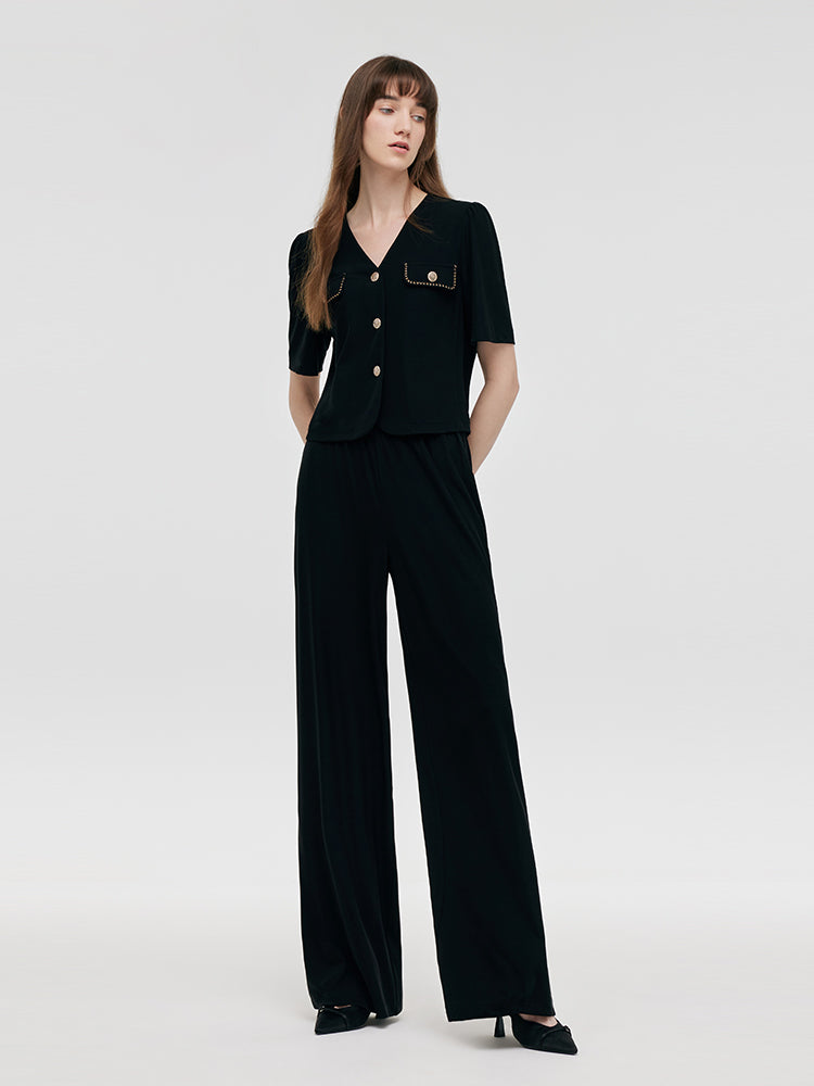 Pre-Order V-Neck Top And Straight Pants Two-Piece Set