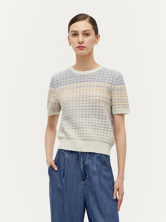Blue And White Gradient Stripe Women Knit Top