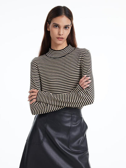 Woolen Stripe Mock Neck Women Sweater