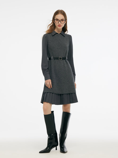 Wool Blend Knit Vest And Shirt Mini Dress Two-Piece Set With Belt