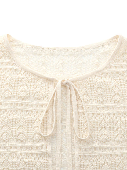 Tie Front Openwork Cardigan And Knit Strap Dress Two-Piece Set