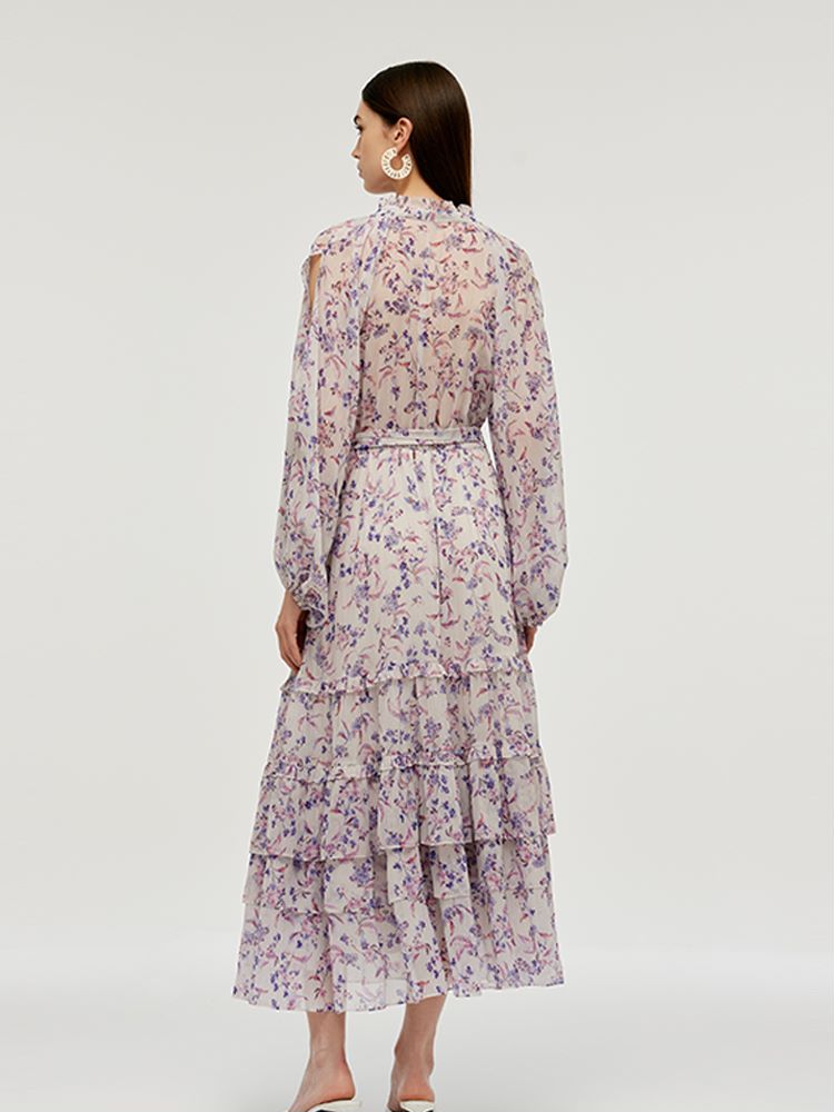 Floral Print Tiered Women Maxi Dress With Belt