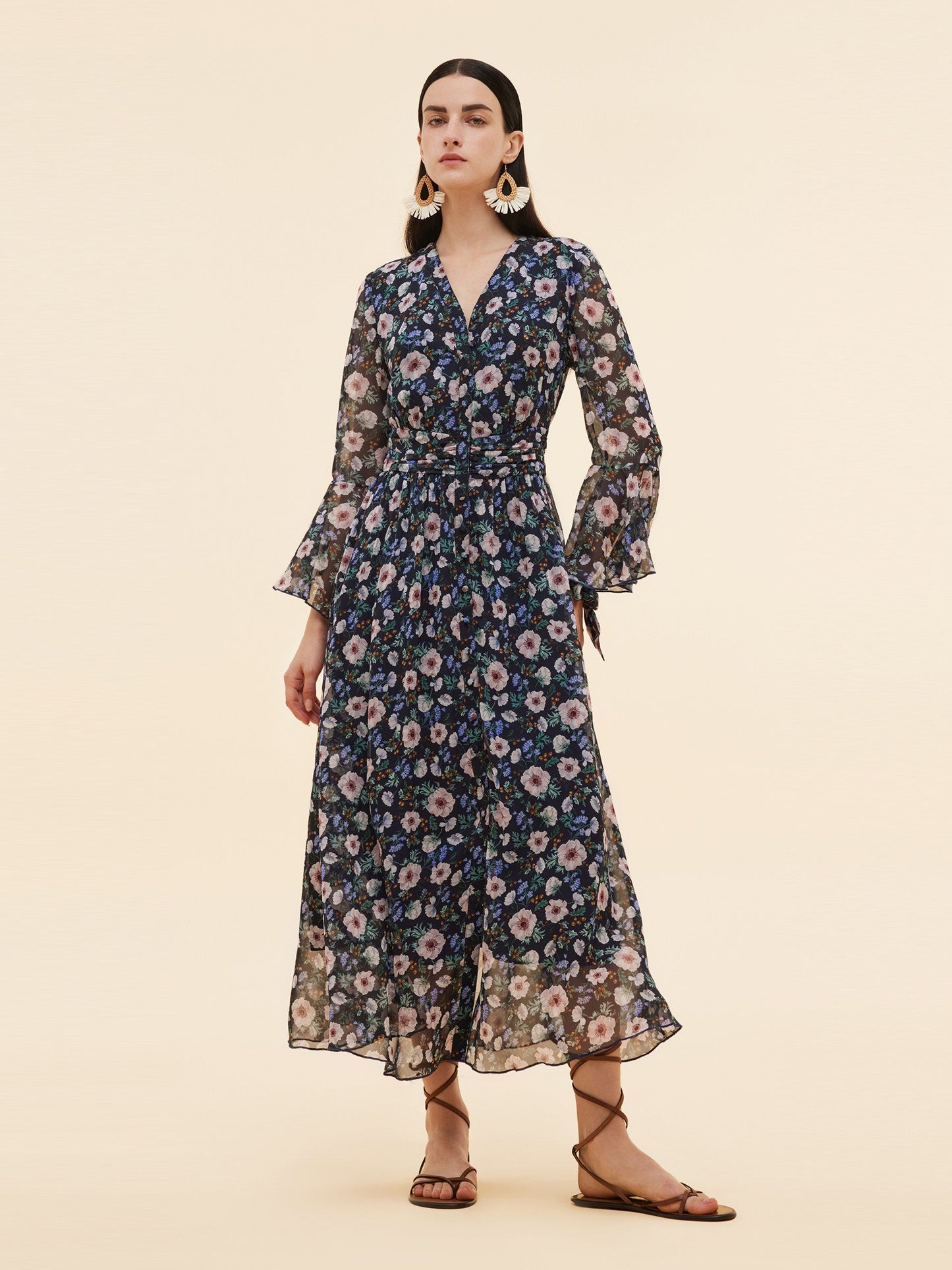 10MM Mulberry Silk Floral Print Women V-Neck Maxi Dress