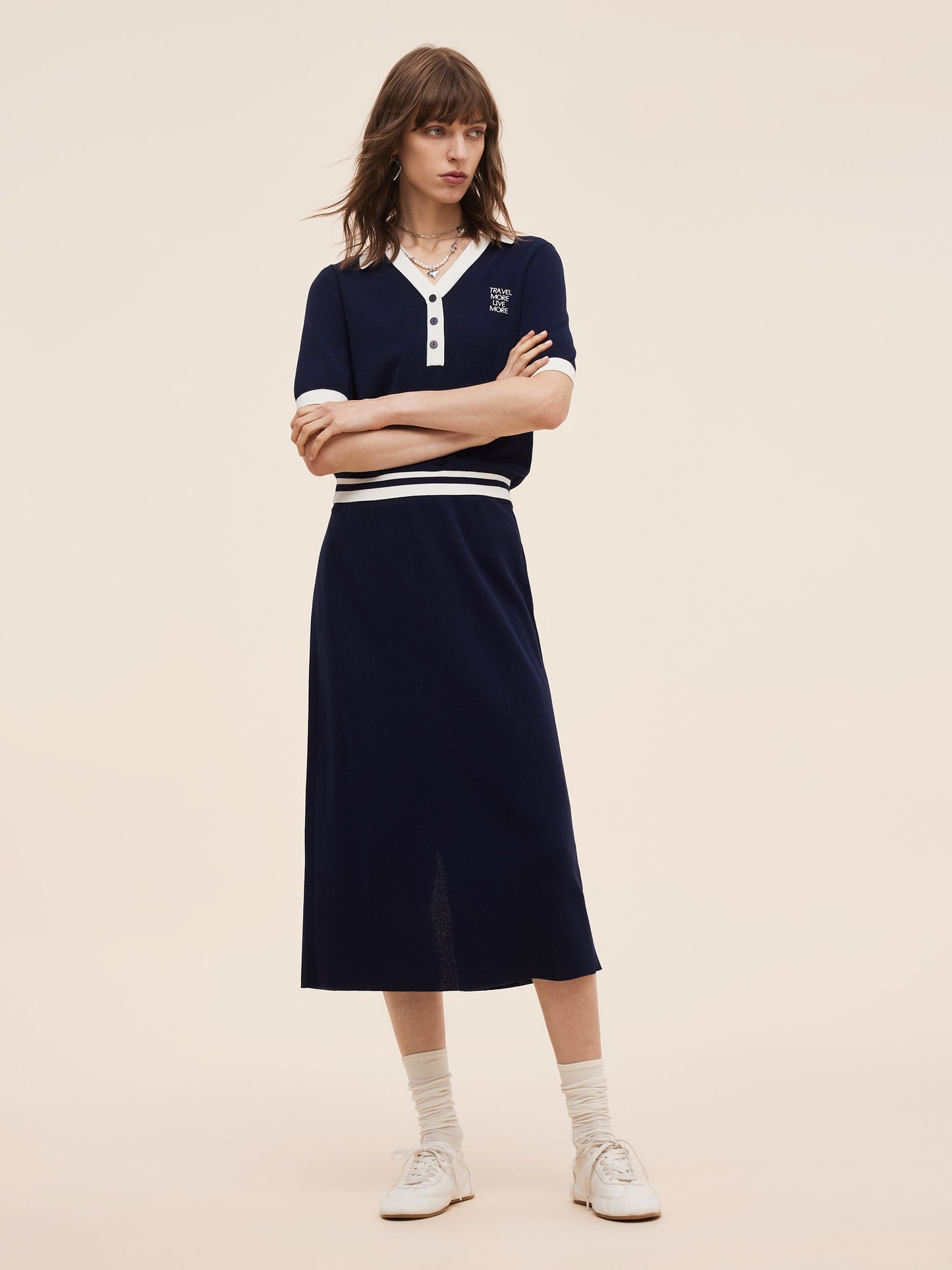 Tencel Blend Contrast Trim Knit Top And Skirt Two-Piece Set