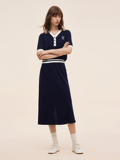 Tencel Blend Contrast Trim Knit Top And Skirt Two-Piece Set