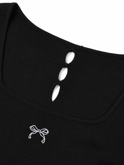 Lyocell Blend Bowknot Embroidered Women Square Neck Knit Top